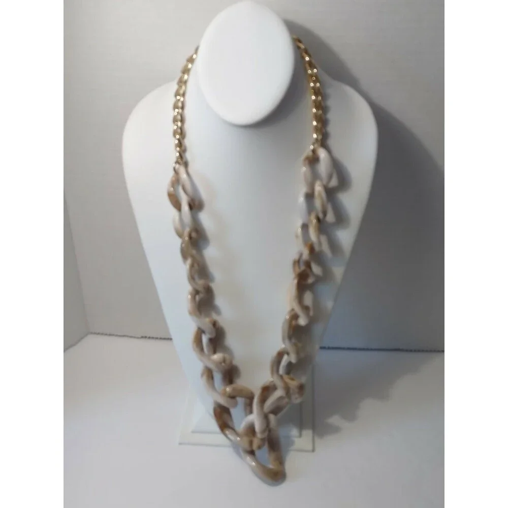 Baublebar Beige Brown Marbled Gold Tone Chain Link Chunky Statement Necklace - Picture 1 of 6
